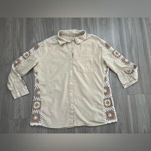 Ocean Drive Beige Button-Up Shirt with White & Brown Crochet Panels